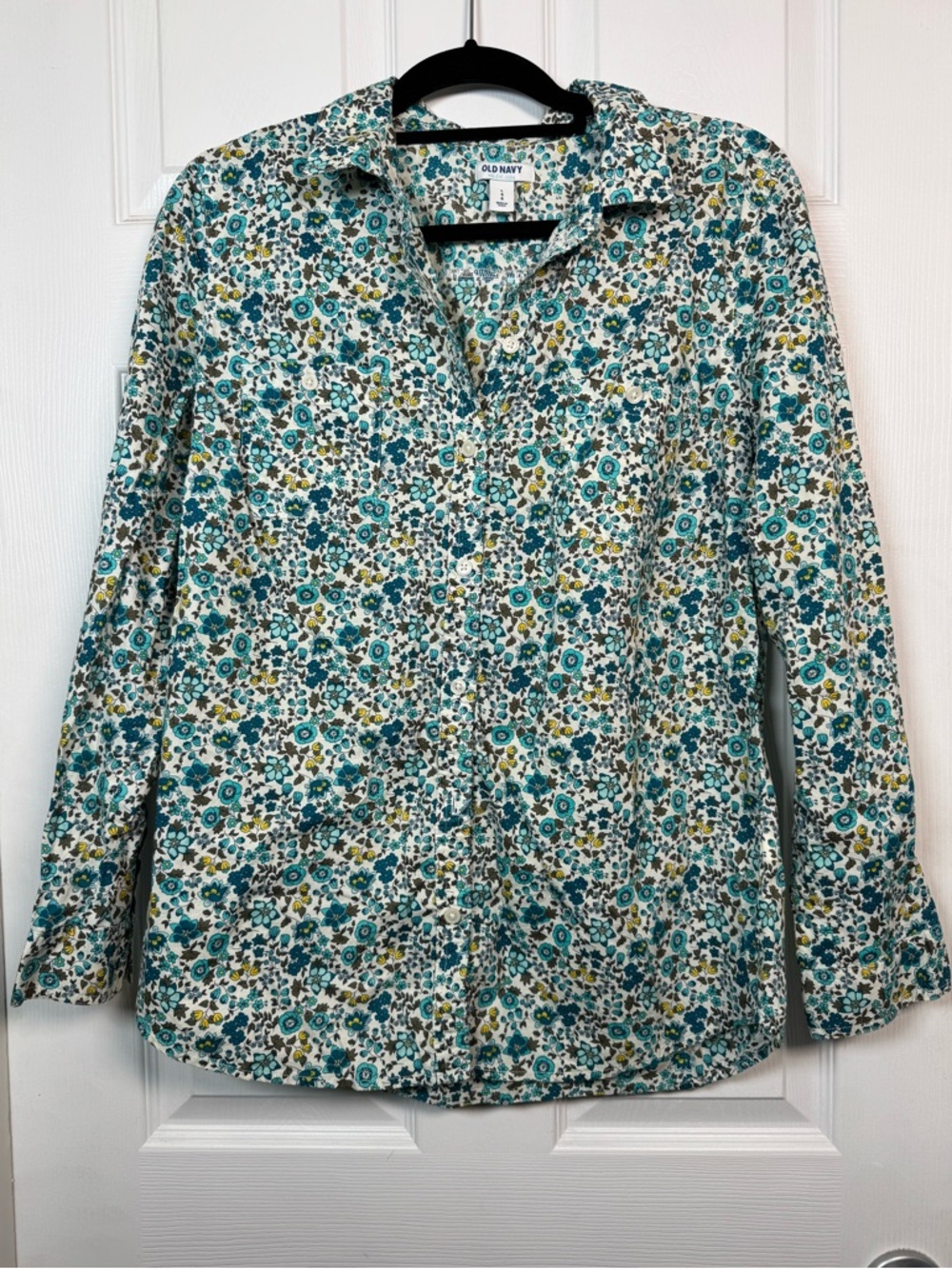 Old Navy Floral Button Down Shirt Cotton Blue Green Print Size L
